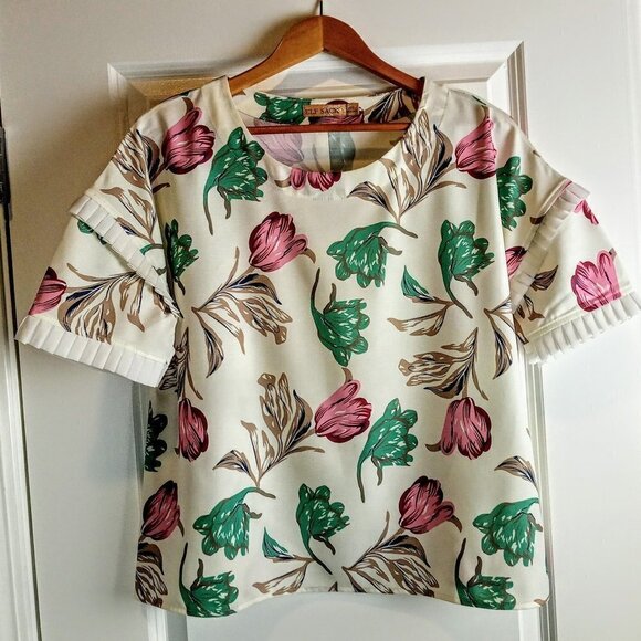 Elf Sack Floral Print Short Sleeve Pleated Ribbon Trim Top - Picture 1 of 6